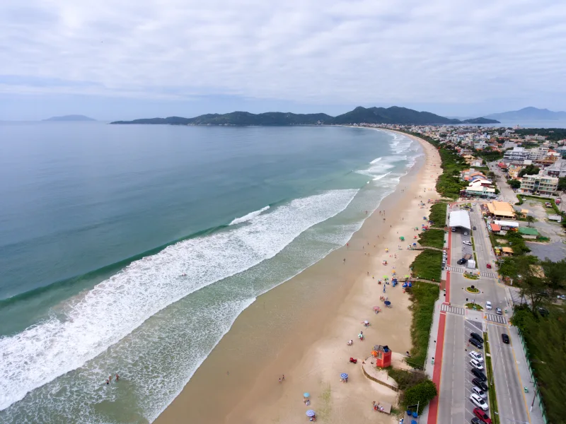 Vista aérea da orla de Mariscal, com mar aberto e vegetação junto à areia. Acervo de 2018.